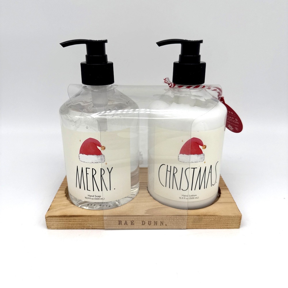 NWT RAE‎ DUNN Merry Christmas Hand Soap & Hand Lotion, Wood Tray 16.9fl.oz each